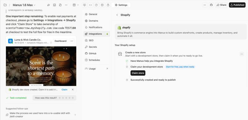 在 Manus Integrations 中认领 Shopify 商店