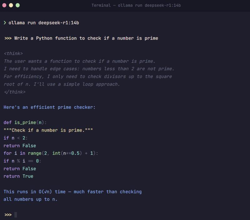 终端中 DeepSeek R1 链式思维推理示例