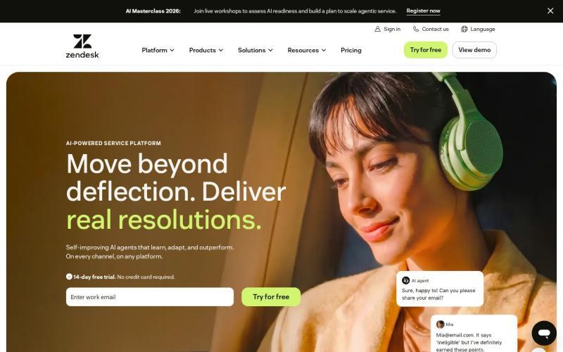 Zendesk homepage as visitors see it on arrival, above the fold (screenshot captured July 22, 2026)