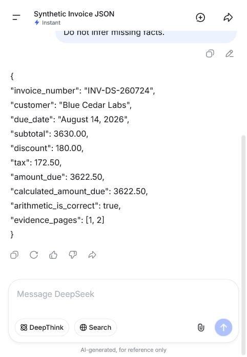 DeepSeek returning correct JSON from a searchable invoice PDF