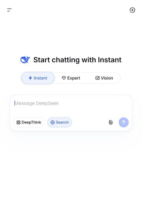 DeepSeek Chat web interface showing Instant, Expert, and Vision modes