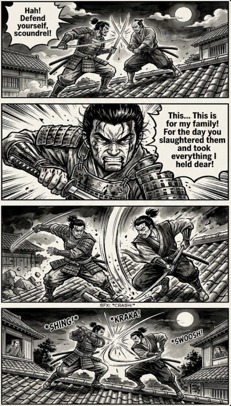 4-panel samurai comic strip generated by Nano Banana 2