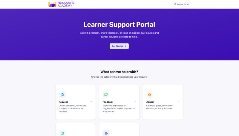 Student support portal interface for submitting tickets
