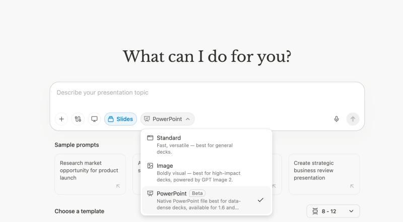 Selecting PowerPoint mode from the Slides dropdown in Manus