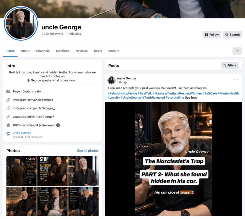 A screenshot showing the Facebook account of "uncle George," another AI-generated personality.