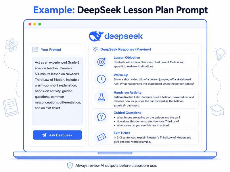 Example DeepSeek lesson plan prompt for a Grade 8 science class with teacher input and AI response preview