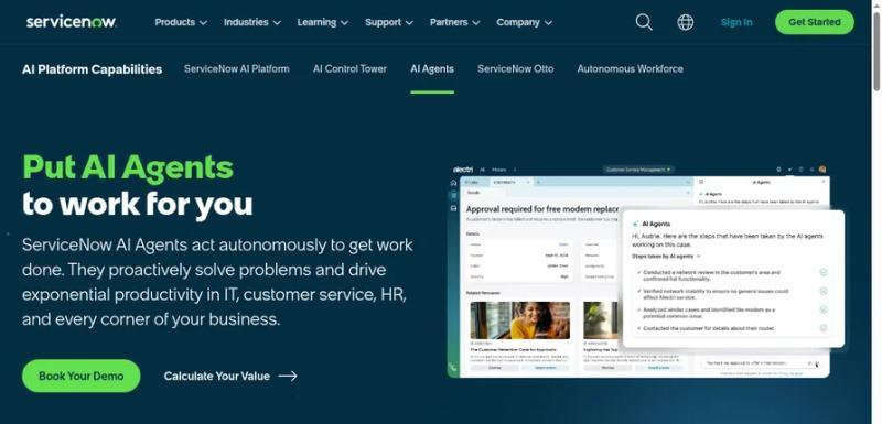 ServiceNow AI Agents homepage, hero-only screenshot of servicenow.com AI Agents product page (cropped to exclude third-party customer logos), captured July 2026