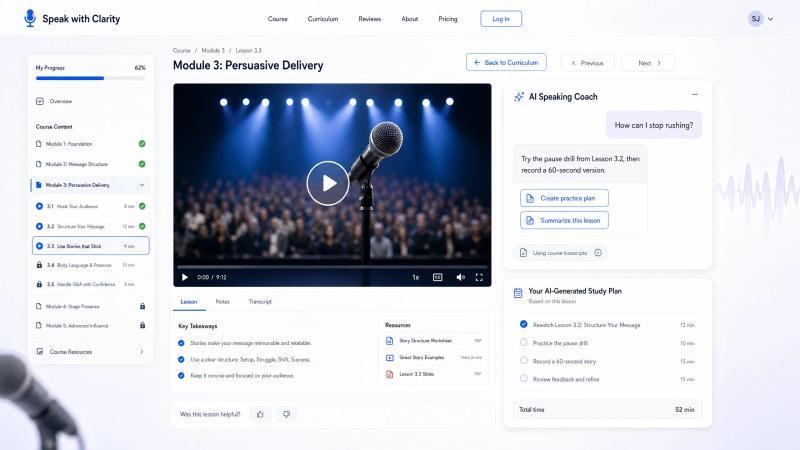 Lesson page mockup with AI speaking coach and study plan