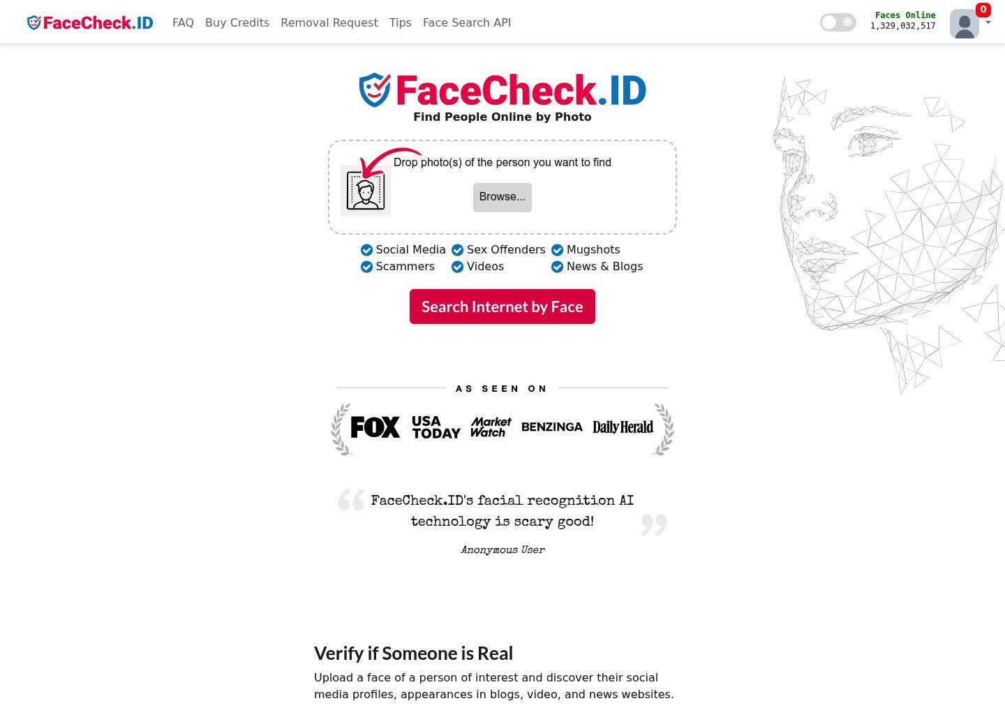 FaceCheck 人脸识别反向图片搜索引擎