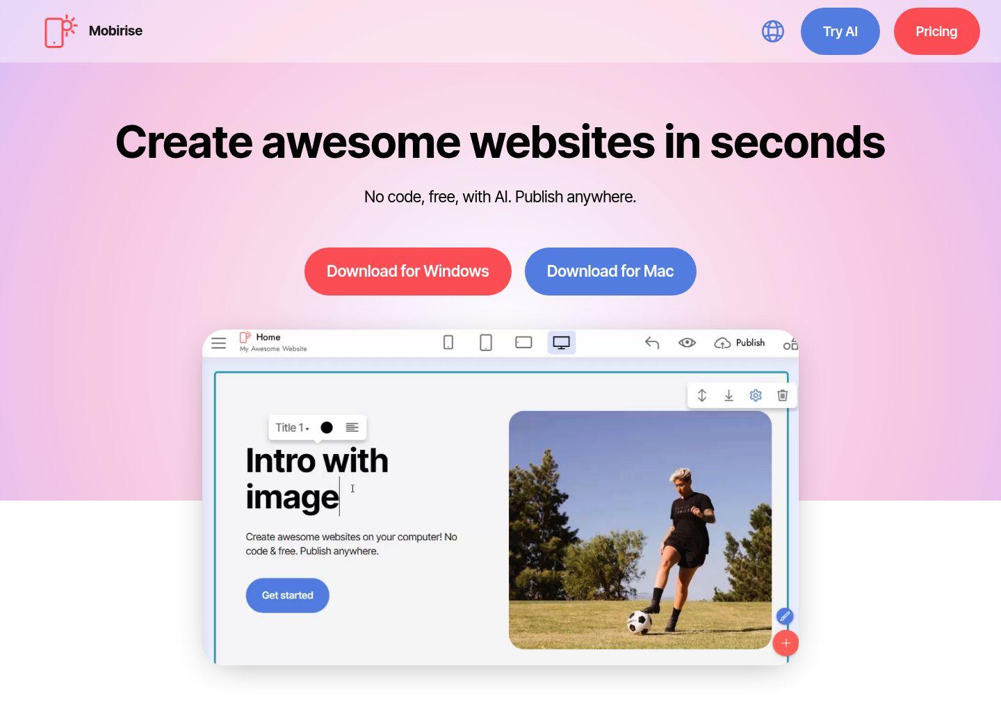 Mobirise 免费 AI 网站生成器：一键生成可导出源码的专业网站
