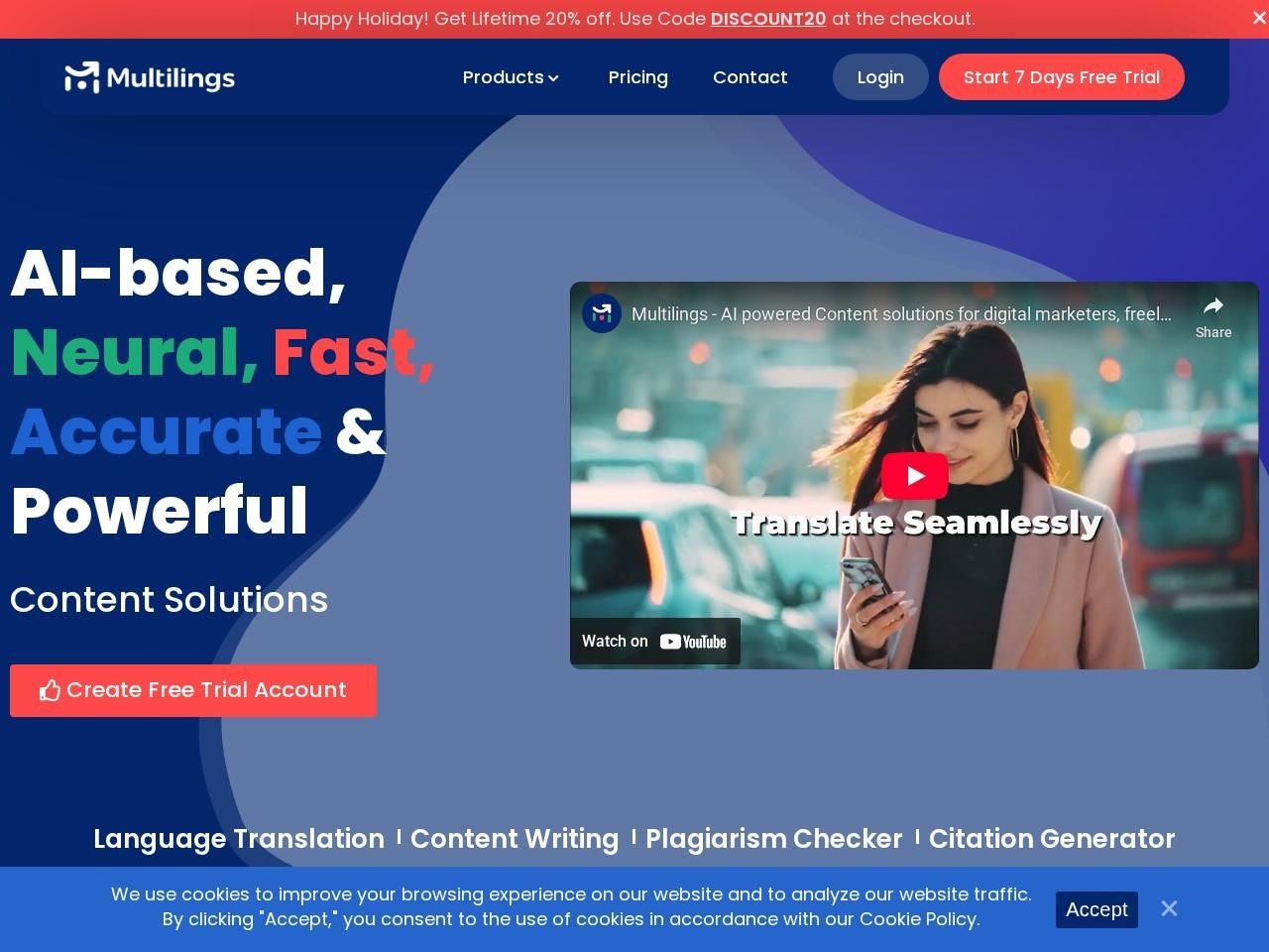 Multilings：多语言 AI 内容生成器与语法/查重一体化工具（7 天免费试用）