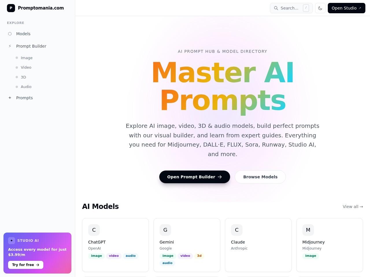 Promptomania：AI 提示词中心、模型目录与可视化提示词生成工具