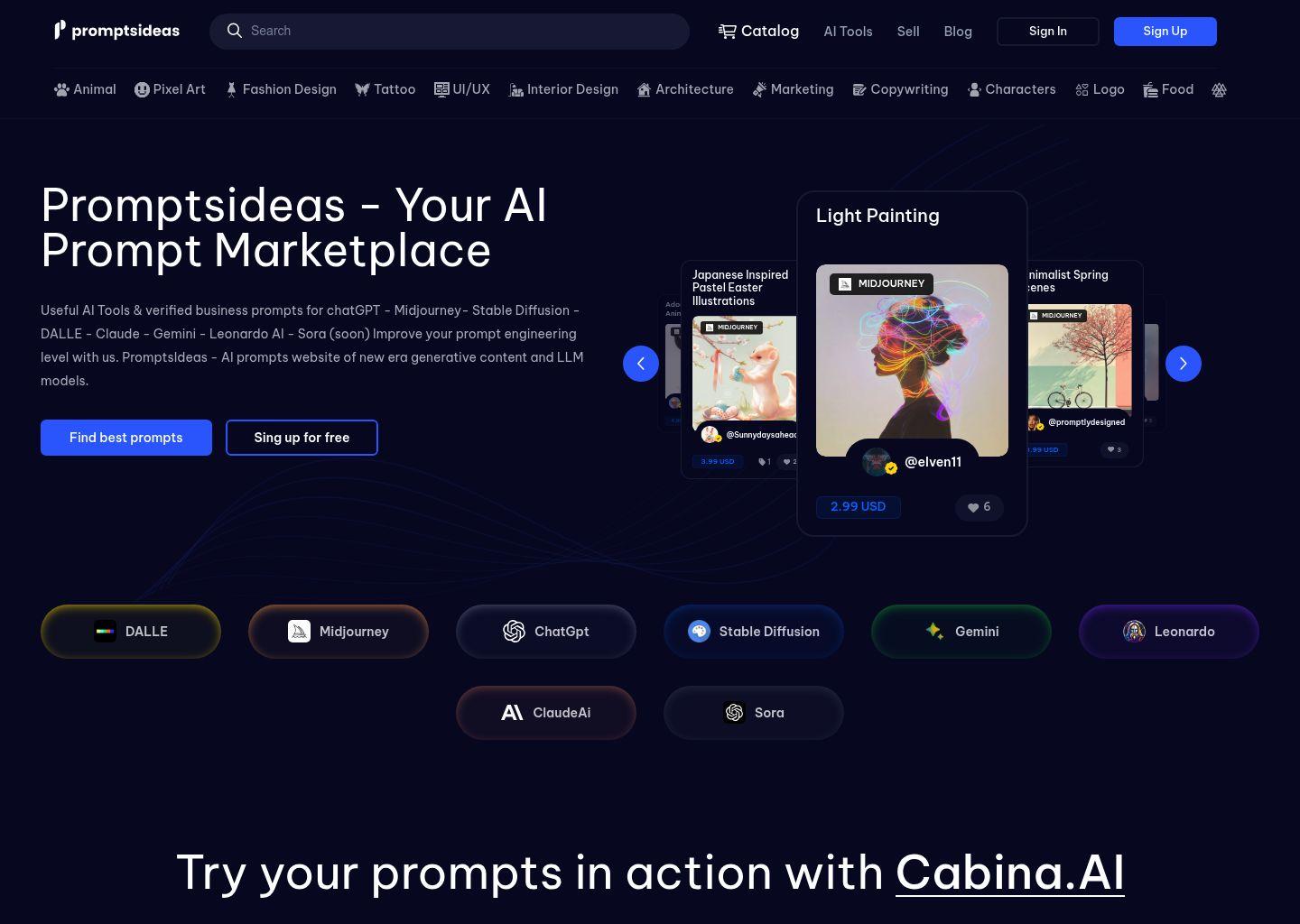 Promptsideas：AI 提示词灵感与交易平台（ChatGPT/Midjourney/Stable Diffusion 等）