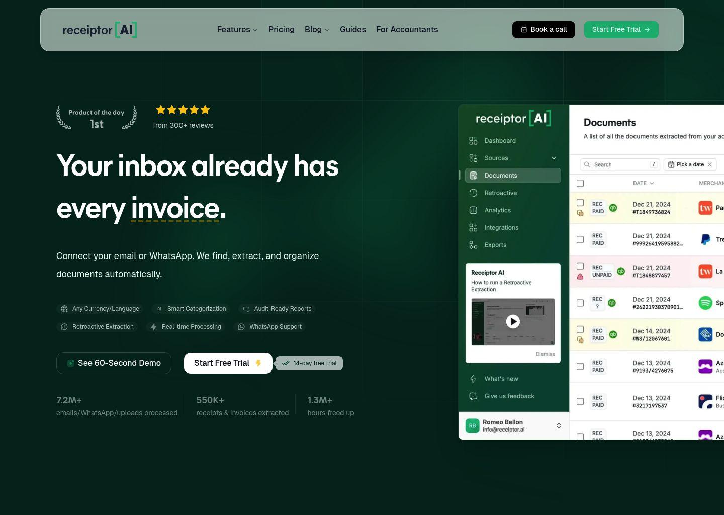 Receiptor AI：自动从收件箱提取和整理发票收据