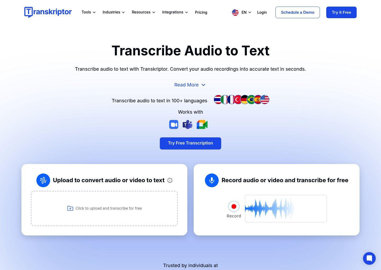 Transkriptor：AI 音频转文字与会议纪要生成工具（支持 100+ 语言）