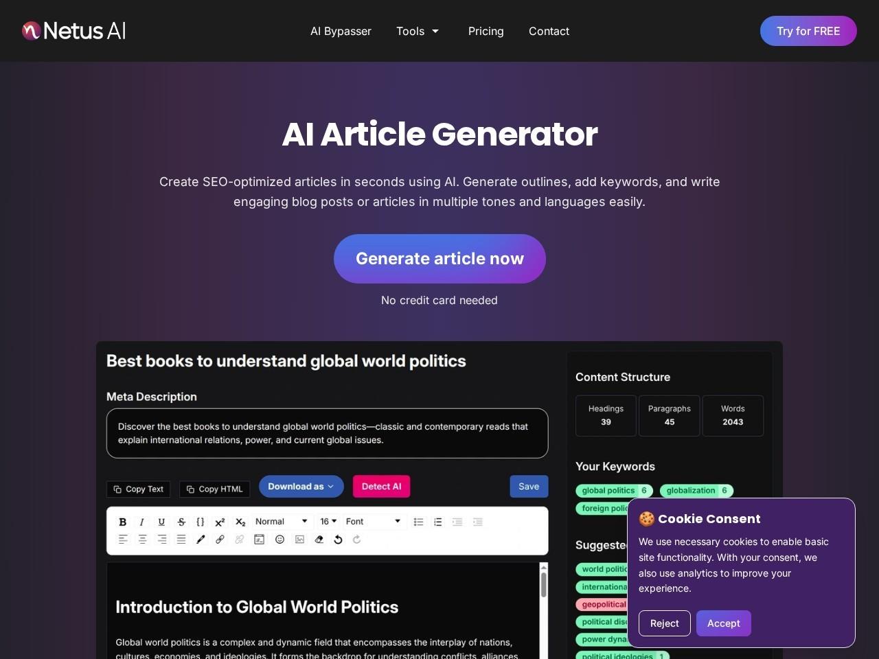 NetusAI AI Article Generator：秒级生成SEO优化文章与博客