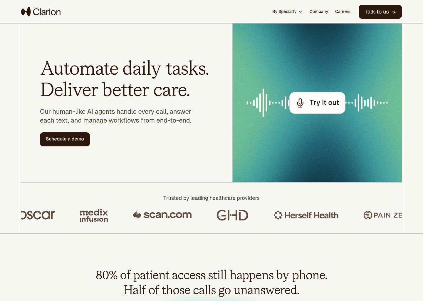 Clarion 医疗对话式AI电话工作流自动化平台